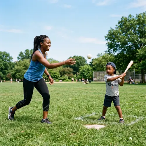 Young Black Mother Teaching Son to Hit Baseball