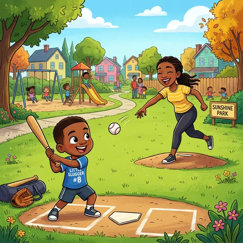 Playful Baseball Learning Moment Between Young Black Mother and Son