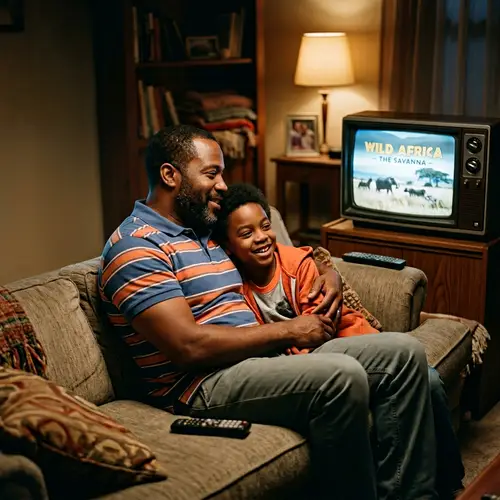 Heartwarming Scene of African-American Father and Son Watching TV