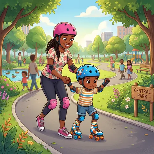 Cartoon Young Black Mother Teaches Son Roller Skating