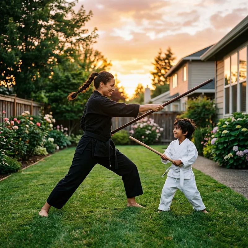 Black Mother Teaching Son Martial Arts with Long Stick Black Mother Teaching Son Martial Arts with Long Stick