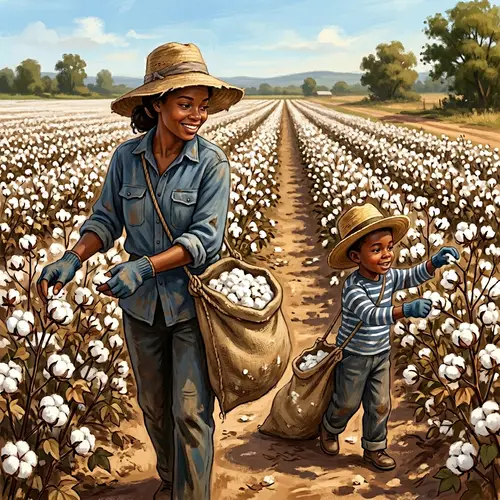 Young Black Mother & Son Harvesting Cotton | Family Farming Scene