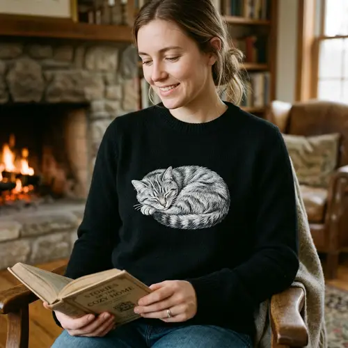 Black Wool & Cashmere Cat Embroidered Sweater | Tranquil Design