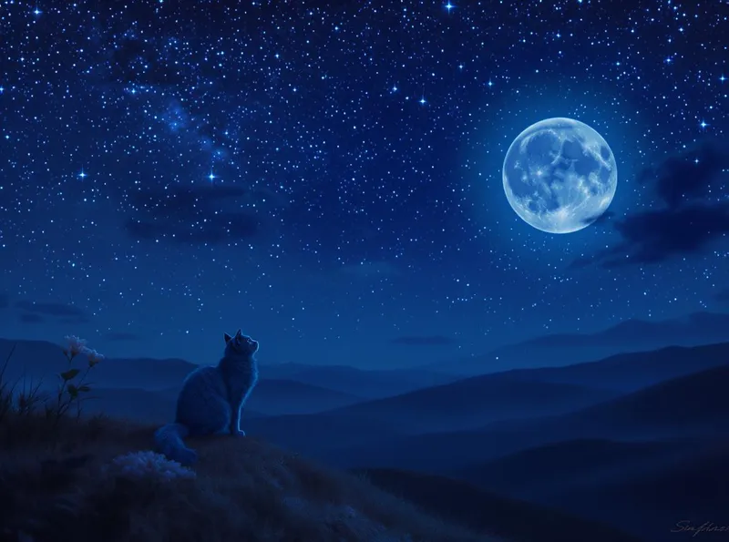 Night Sky with Lady Moon and Blue Cat