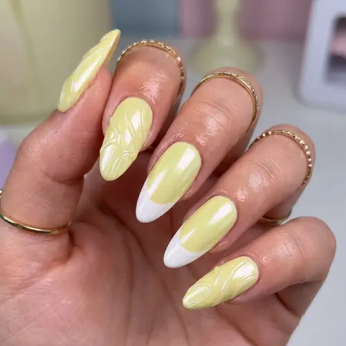 Pastel Yellow Almond Nails with 3D Lines