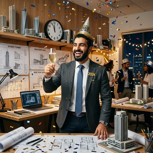 Middle-Eastern Male Architect Celebrating New Year in Office