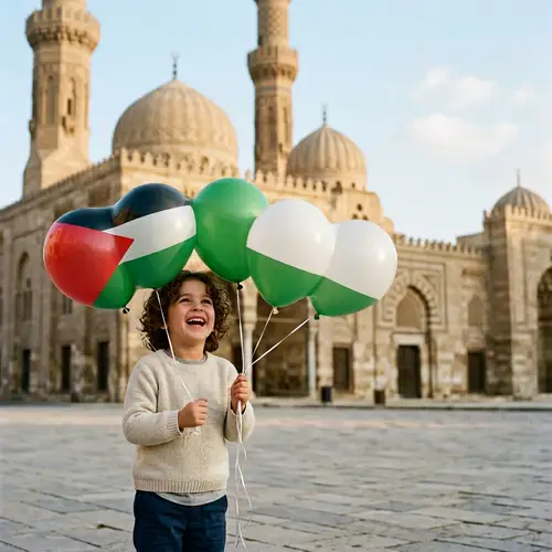 Joyful Child with Palestinian Flag Balloons at Al-Aqsa Mosque