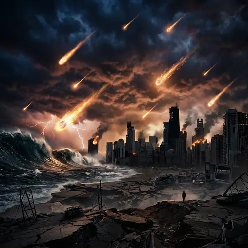 Apocalyptic Scene: Fiery Meteors, Crumbling Cities & Raging Oceans
