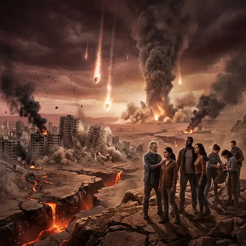 Apocalyptic Scene with Meteor Impact and Human Resilience