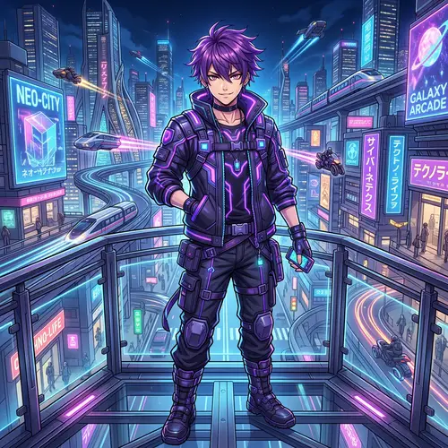 Handsome Anime Boy in Futuristic City