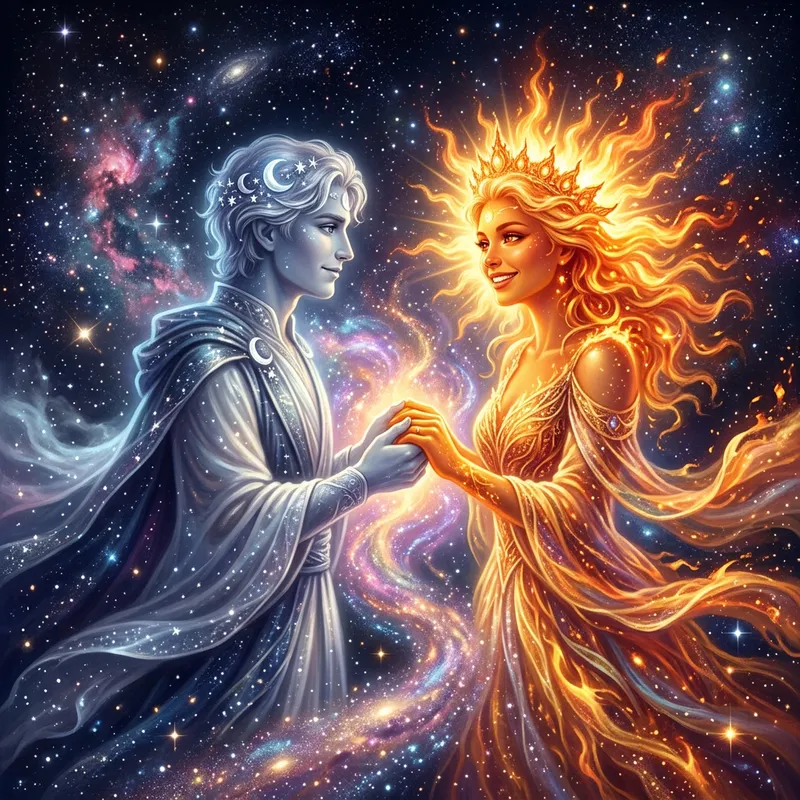Celestial Love: Sun and Moon Embracing in Affection