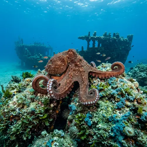 Ancient Octopus Resting on Underwater Rocks