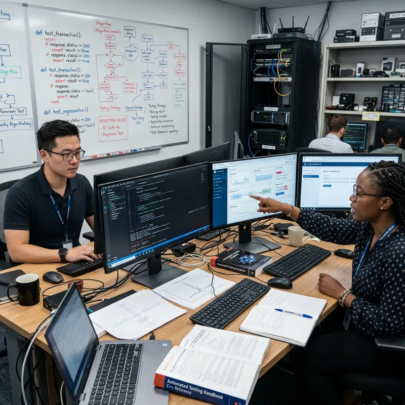 Detailed Scene of Software Testing in Progress: Diverse Team at Work Detailed Scene of Software Testing in Progress: Diverse Team at Work