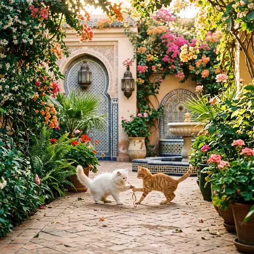 Adorable Kittens in Moroccan Garden: White & Orange Striped Cats