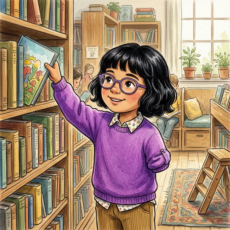 Hispanic Girl with Short Black Hair in Library - Classic Children's Book Style