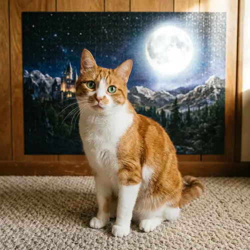 Beautiful Orange and White Domestic Cat Sitting on a Carpeted Floor