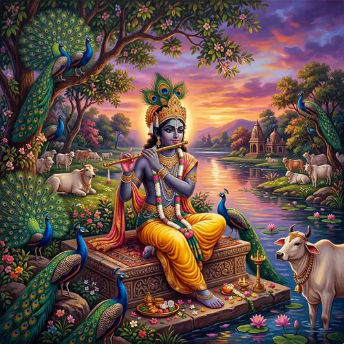 Artistic Representation of Sri Krishna Playing Flute by Riverside