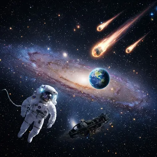 Ethereal Space Scene: Sparkling Celestial Bodies and Swirling Galaxies