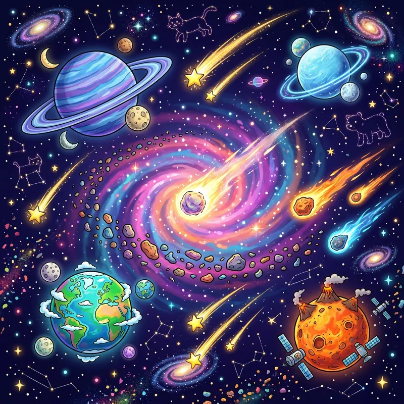 Cartoon Universe Art | Celestial Playfulness with Colorful Galaxies Cartoon Universe Art | Celestial Playfulness with Colorful Galaxies
