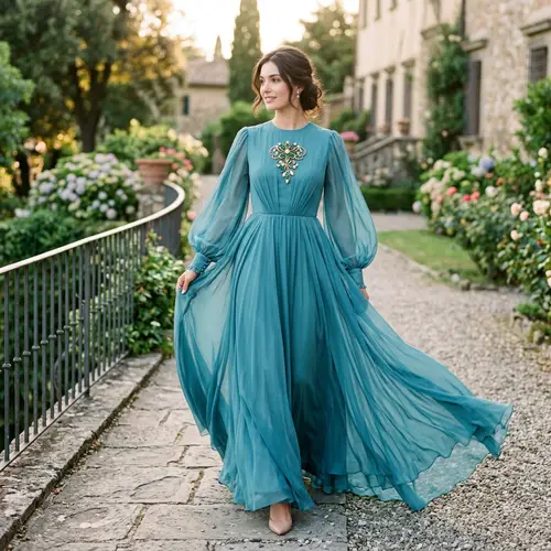 Elegant Blue-Green Chiffon Dress with Long Sleeves & Chest Accessory