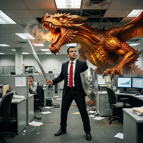 Gamification in Real Life: Man Battles Dragon in Office Attire