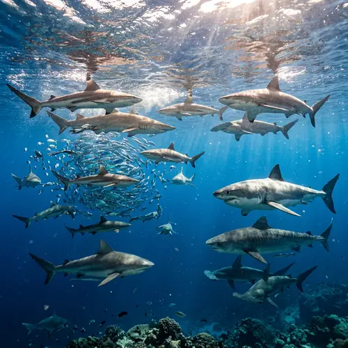 Diverse Shark Species Swimming in the Deep Blue Sea