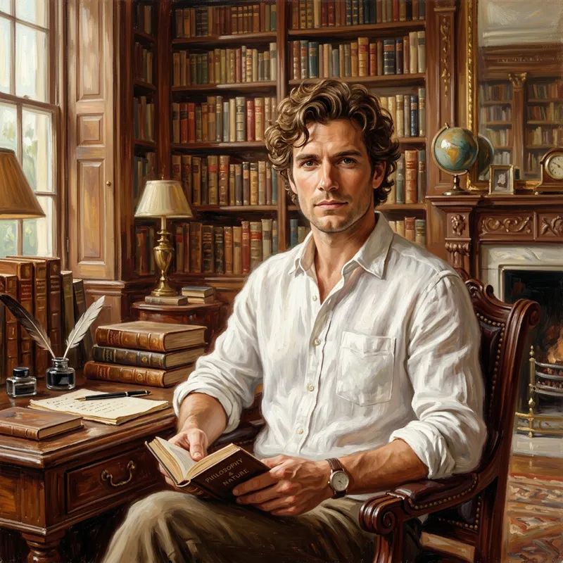 Smart Caucasian Man Portrait in Classic Style with Victorian Era Books