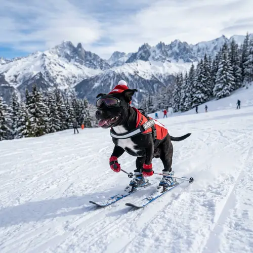 Adorable Black Staffordshire Bull Terrier Skiing Down Snowy Slope