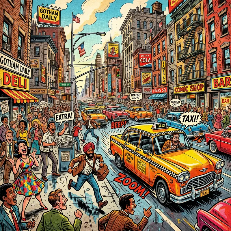 Vintage Taxi Cab in Vibrant Comic Book Style Urban Scene Captured in Wide-Angle Lens