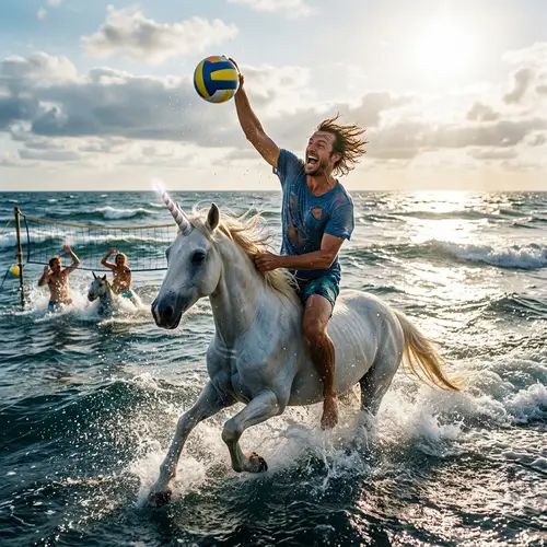 Man Playing Volleyball on Unicorn in Ocean