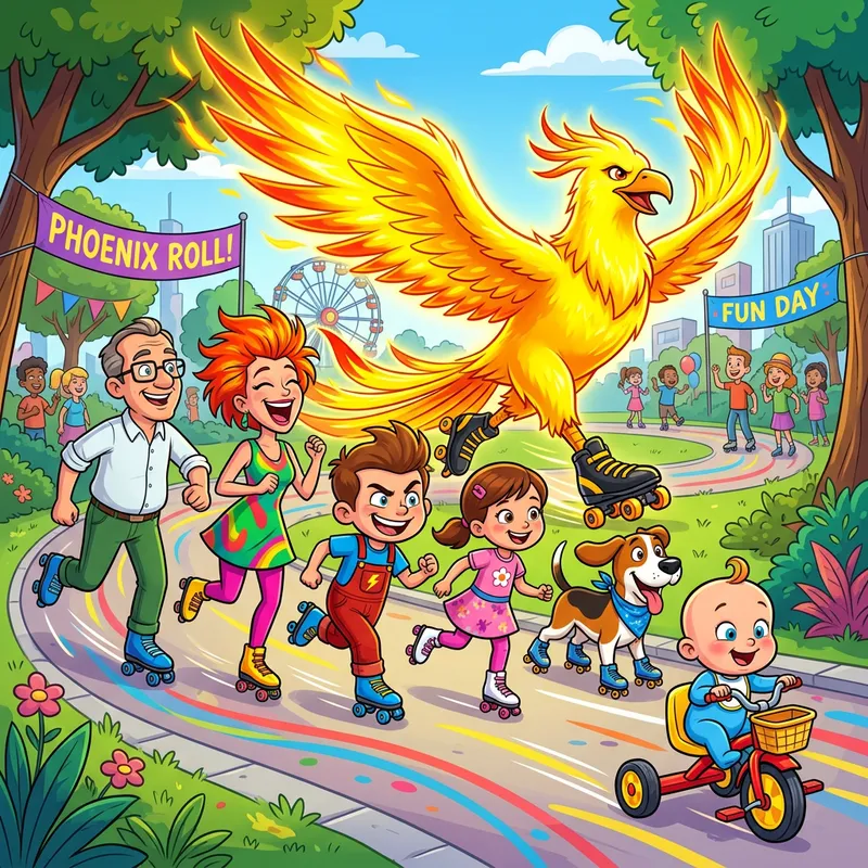 Colorful Phoenix Roller-skating with Family Guy Characters