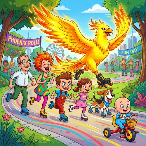 Vibrant Yellow Phoenix skating among Cartoon Characters