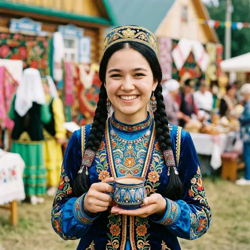 Joyful Tatar Girl in Traditional Costume with Coffee