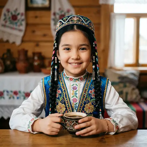Charming Tatar Girl with Coffee in Traditional Attire