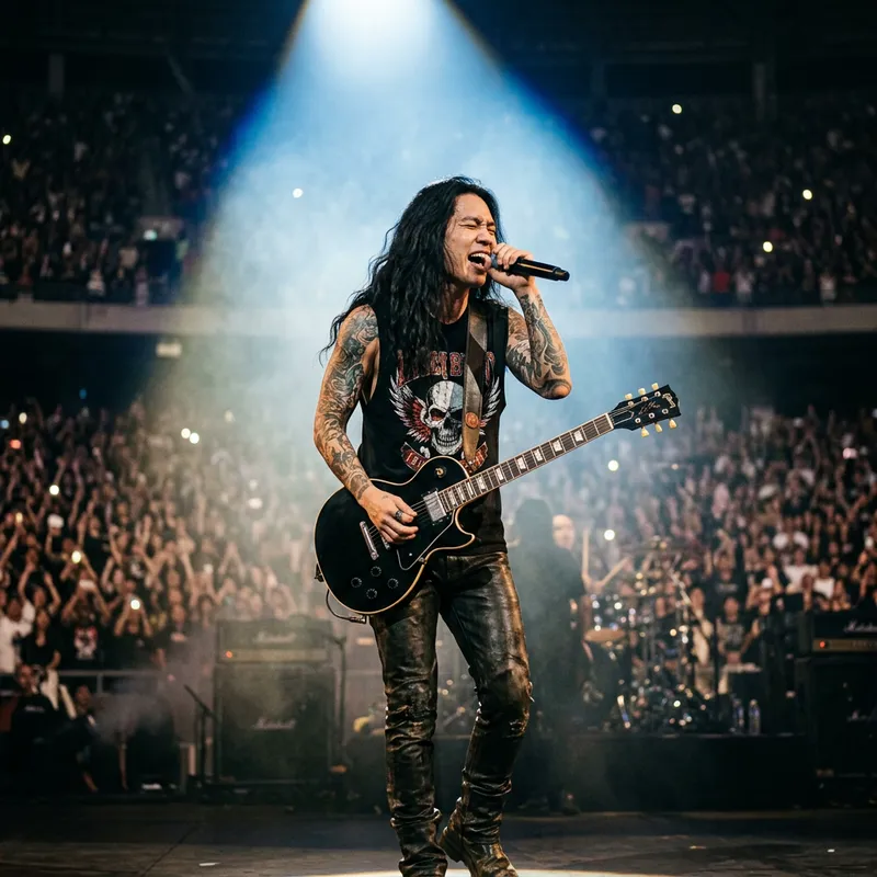 Asian Male Rockstar with Guitar, Tattoos, and Long Hair Spotlight Performance