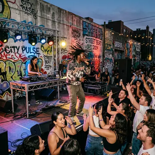 Urban Dusk Scene: Colorful Graffiti, Energetic Rapper, Diverse Crowd
