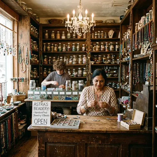 Charming Bead Jewelry Store - Handcrafted Pieces on Wooden Shelves