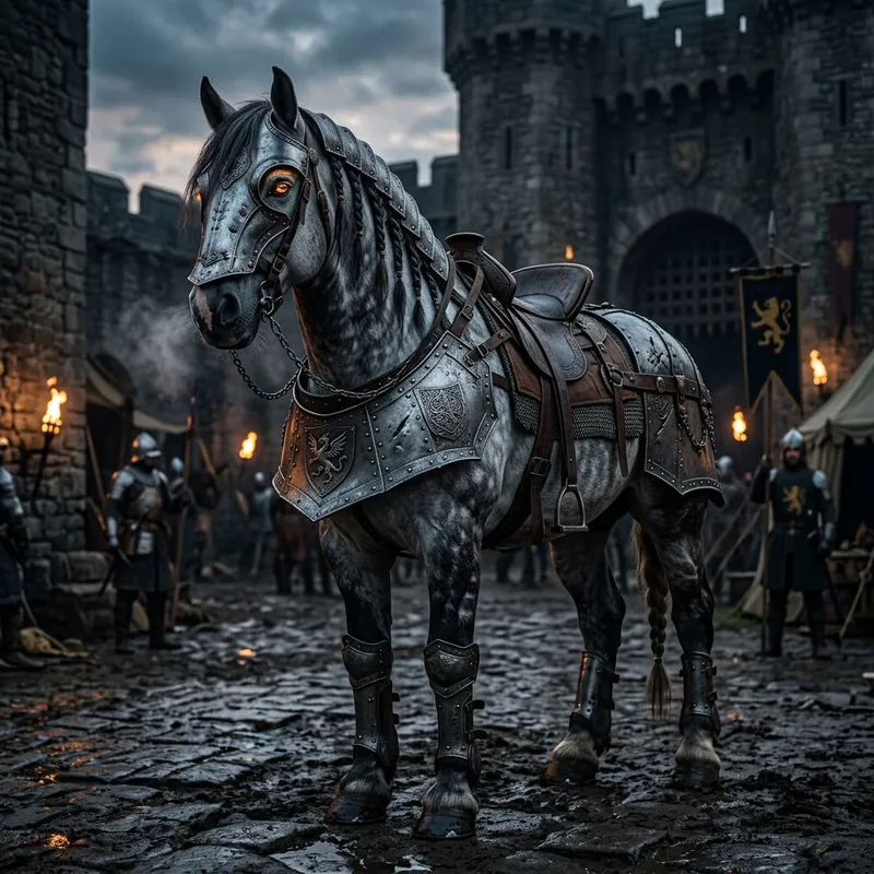 Dappled Gray Warhorse with Armor Barding