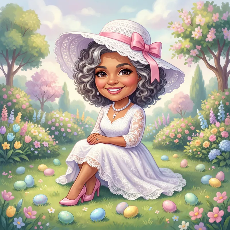 Colorful Chibi Latina-American Woman in Mid-50's Easter Garden | 4K Oil Painting