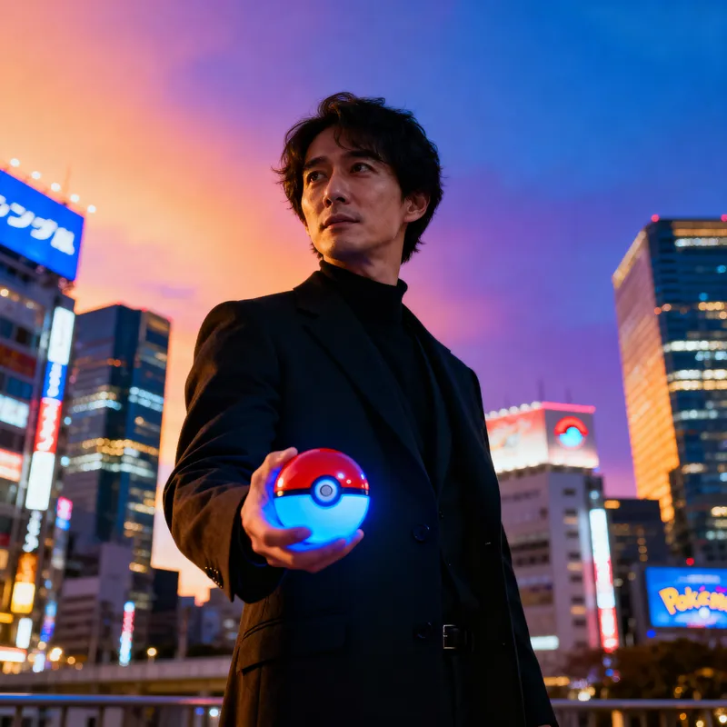 Man in Black Coat with Pokémon Ball in Tokyo