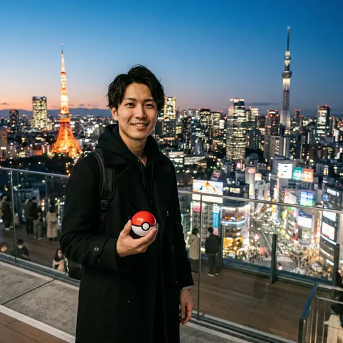 Man in Black Coat with Pokémon Ball in Tokyo