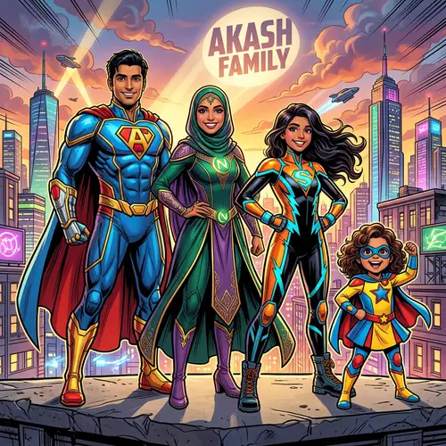 Superhero Family Illustration: Colorful Comic Art of South Asian Superheroes