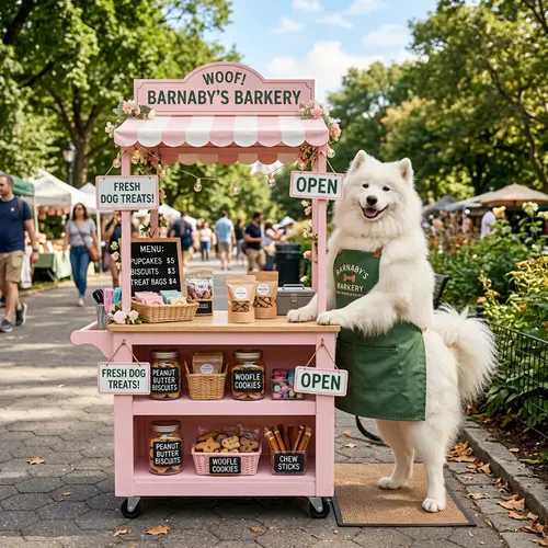 Adorable Dog Selling Goods at Pink Vending Cart