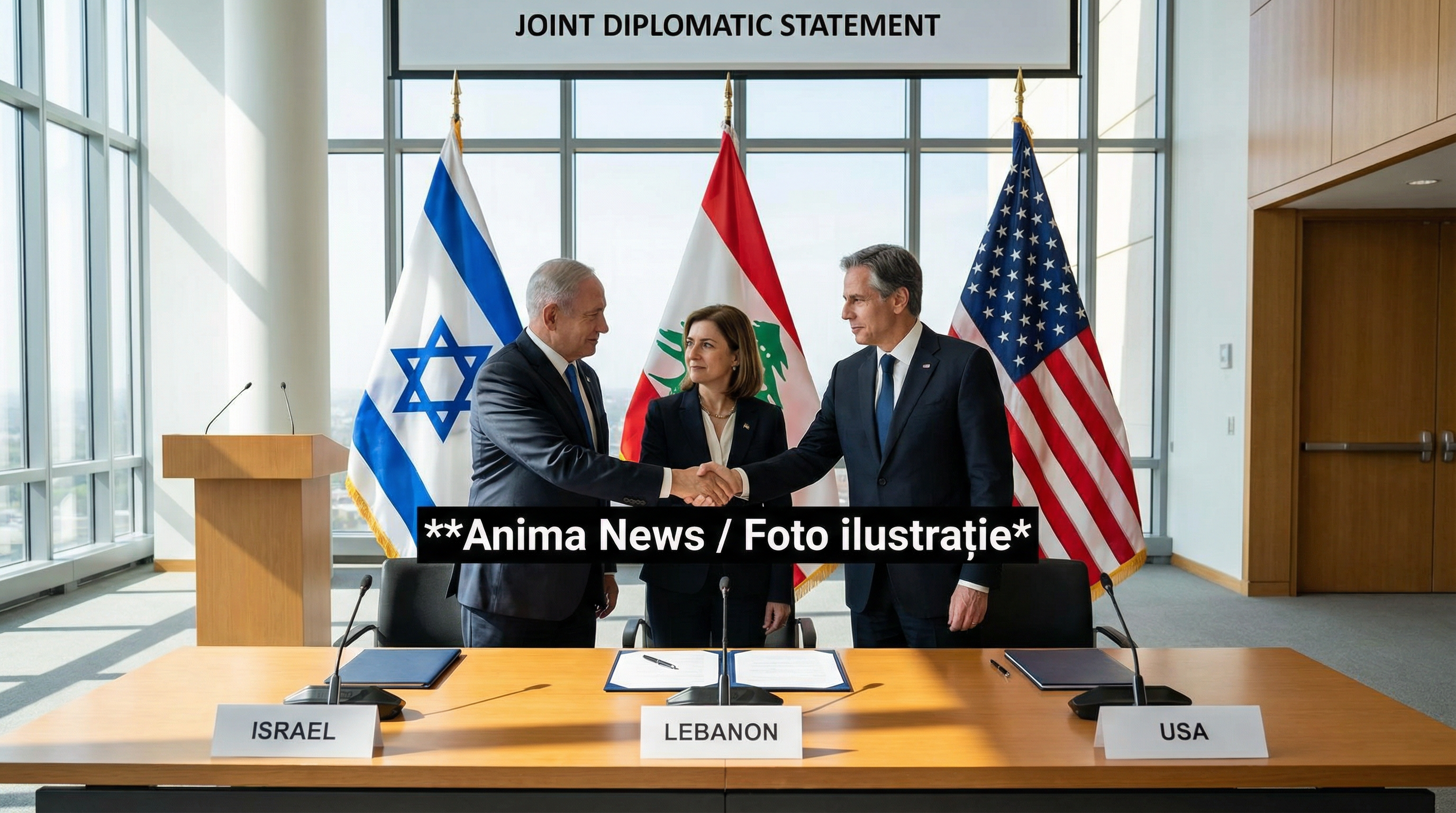 Imagine diplomatică simbolică pentru acordul trilateral