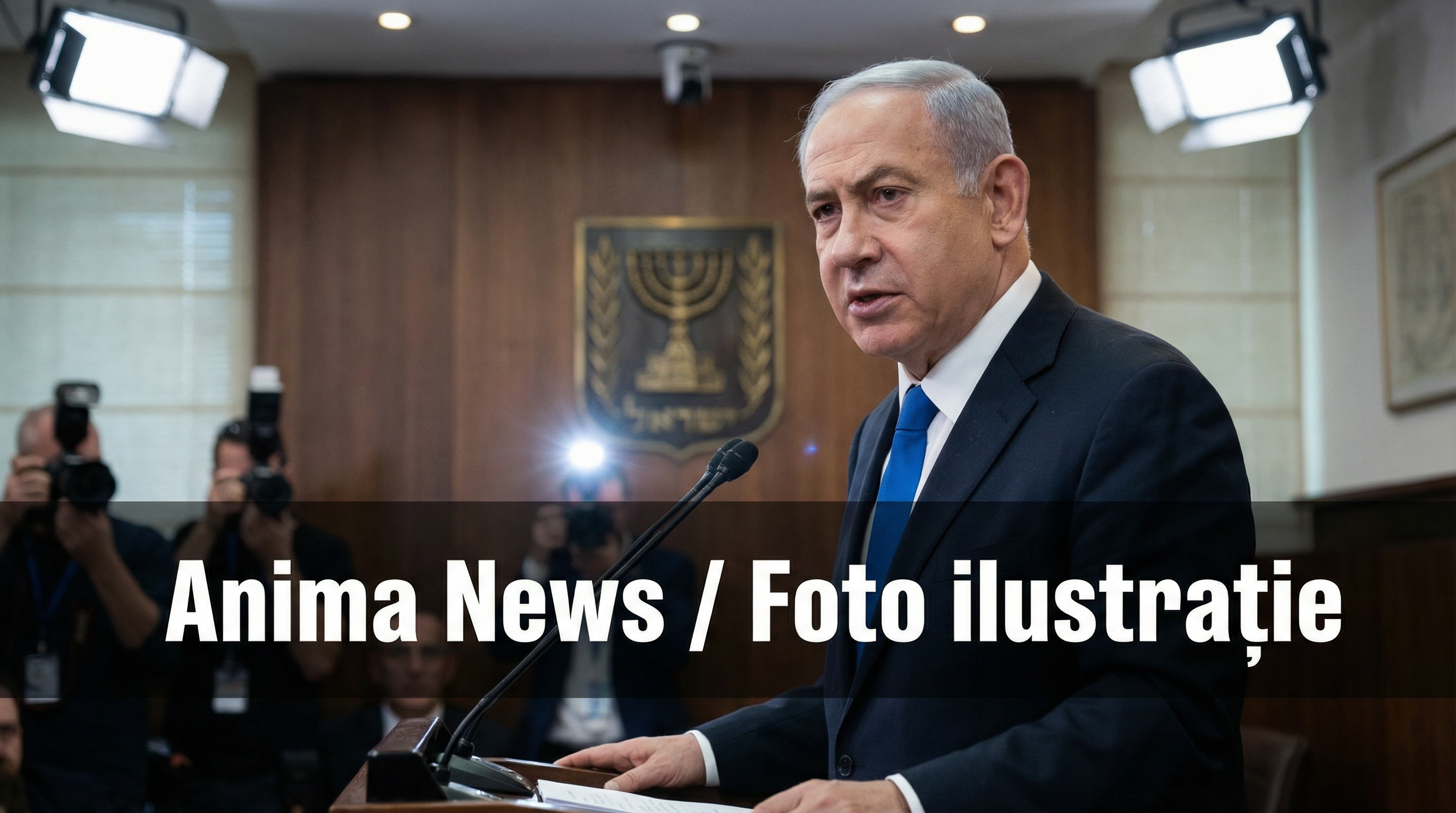 Imagine foto-realistă cu premierul israelian Benjamin Netanyahu susținând o declarație, sugerând discuții despre securitate și diplomație. Watermark: Anima News / Foto ilustrație