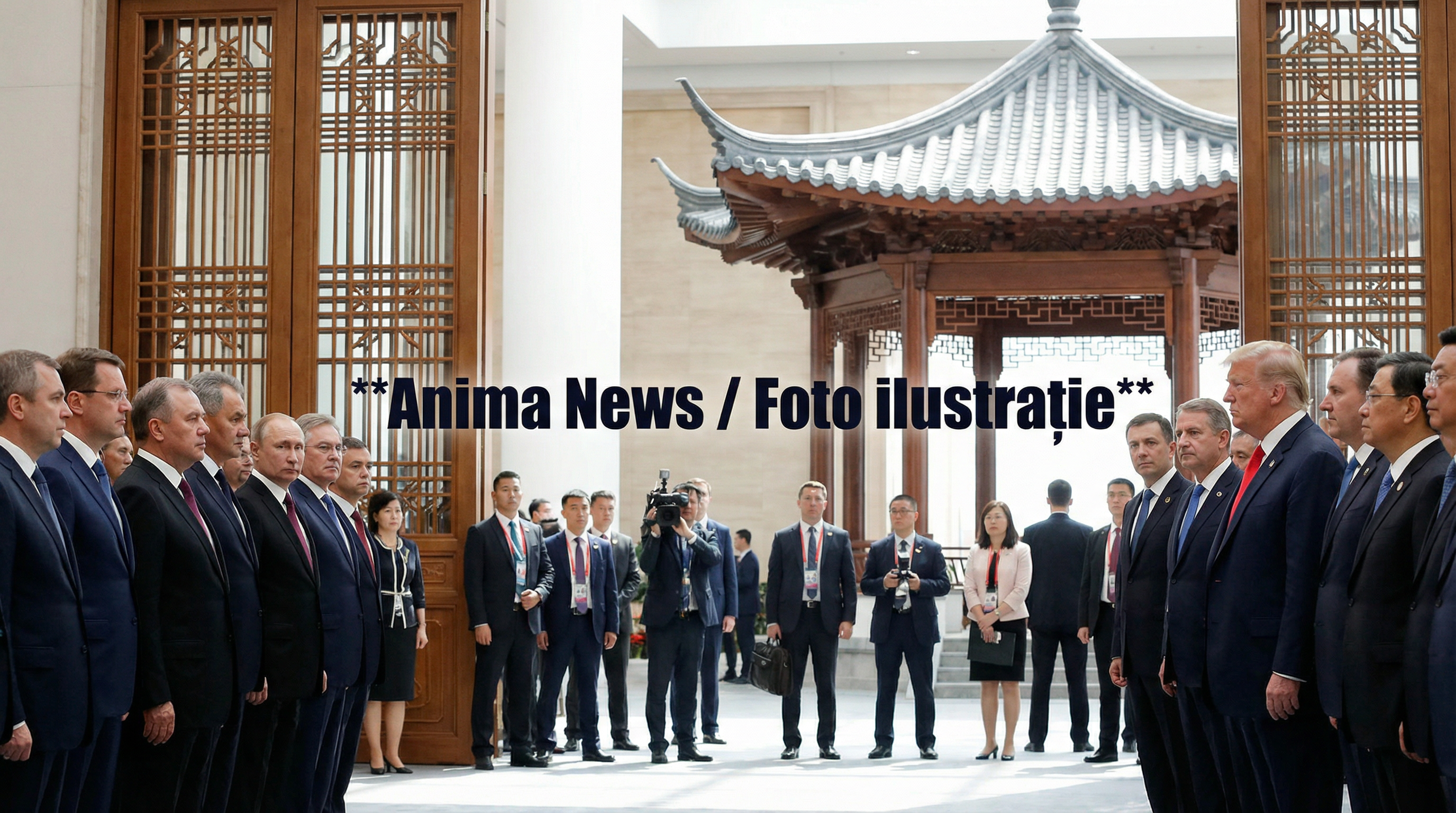 Imagine foto-realistă cu președinții Putin și Trump separat, în context diplomatic chinez