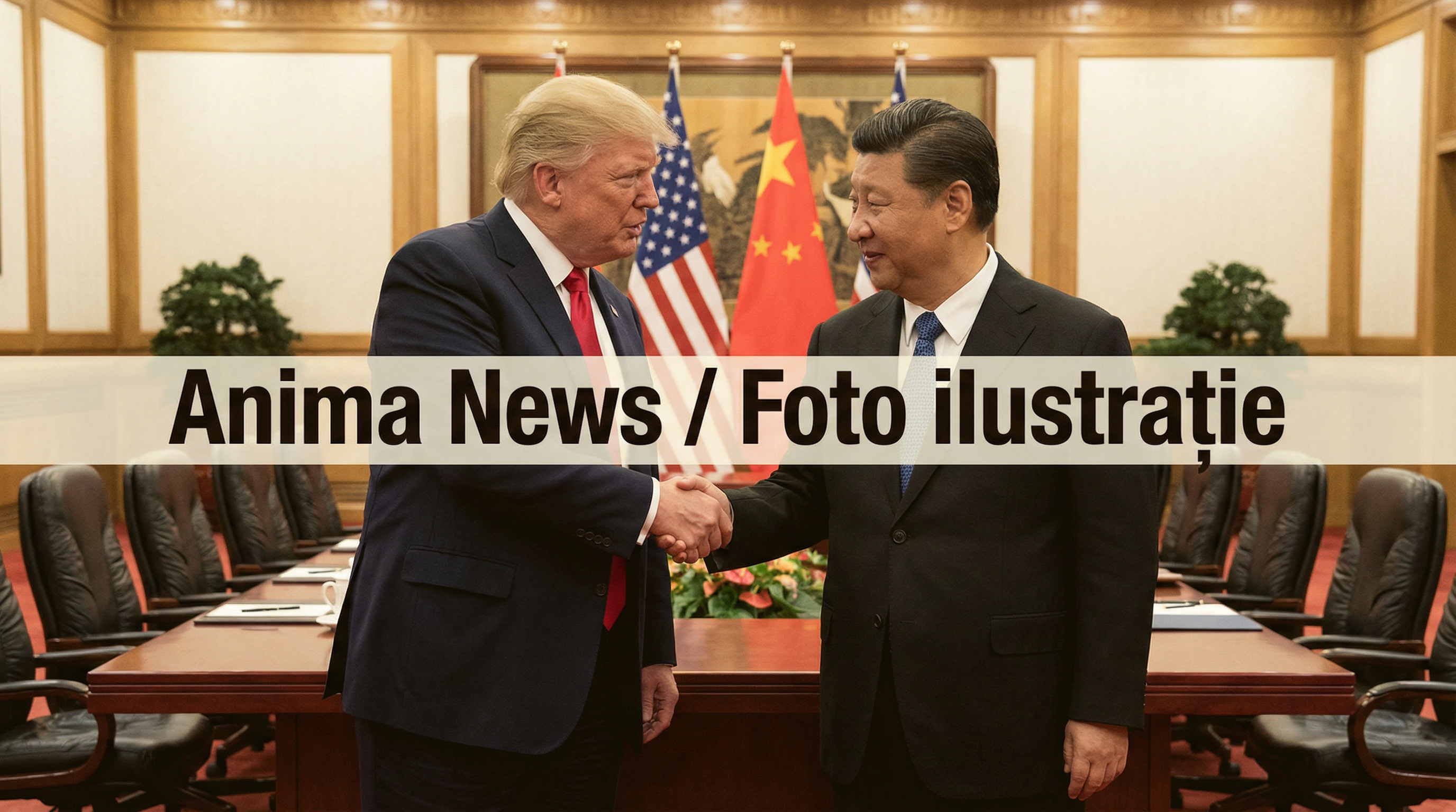 Imagine foto-realistă cu președintele american Donald Trump și președintele chinez Xi Jinping într-un cadru diplomatic formal, sugerând discuții importante. Watermark: Anima News / Foto ilustrație