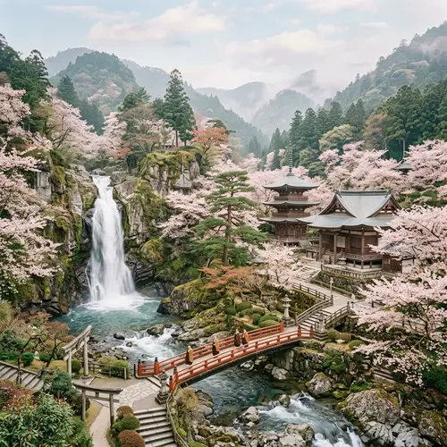 Serene Japanese Temple & Waterfall in Pastel Hues