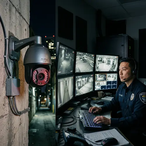 Modern Surveillance Scene with High-Tech Security Camera and Officer
