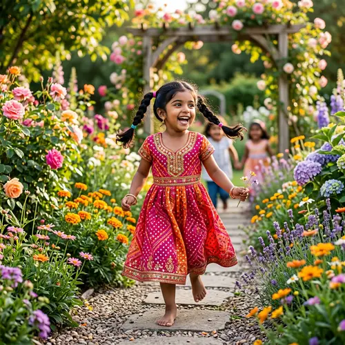 Radiant South Asian Girl in Sparkling Dress | Sun-filled Garden